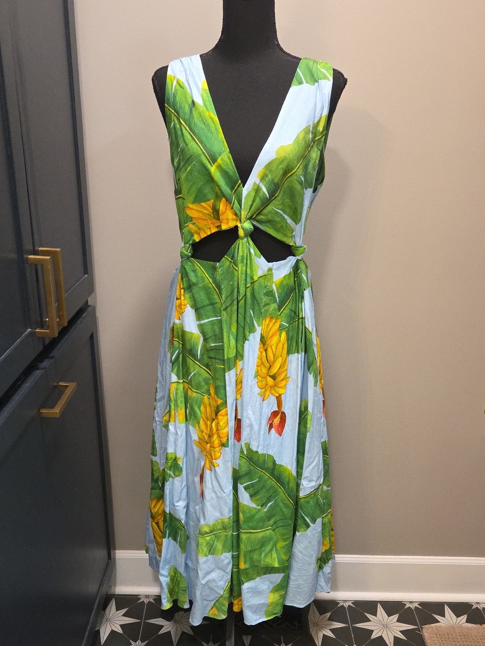 FARM Rio Banana Cut-Out Linen Blend V Neck Midi Dress Women's M - Picture 3 of 13